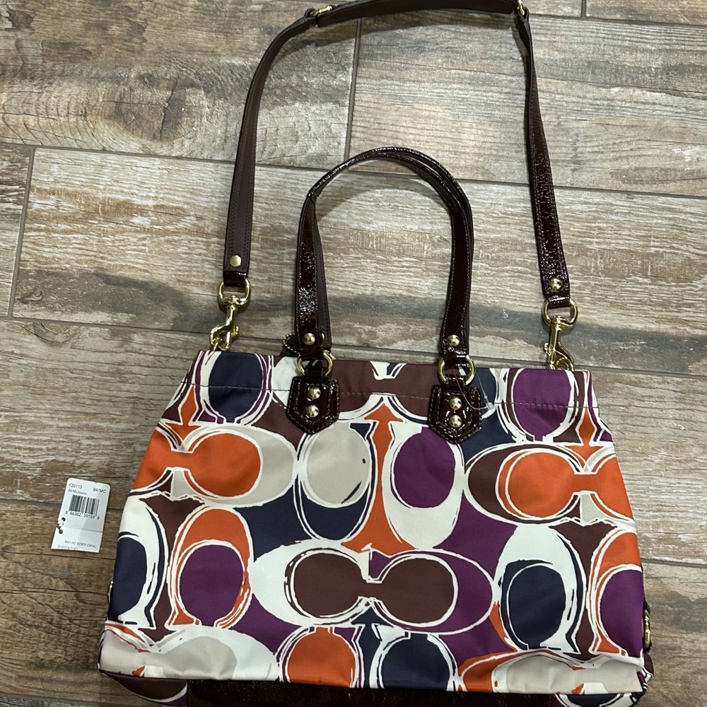 New Coach Ashley Scarf Print Purse F20113 Purple Brown Patent Leather Bag Y2K - Picture 6 of 15